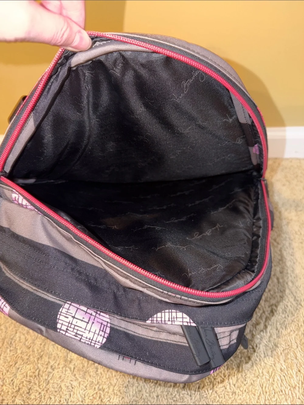 Vera Bradley Black & Gray Striped Backpack with Pink and Red Dot Pattern